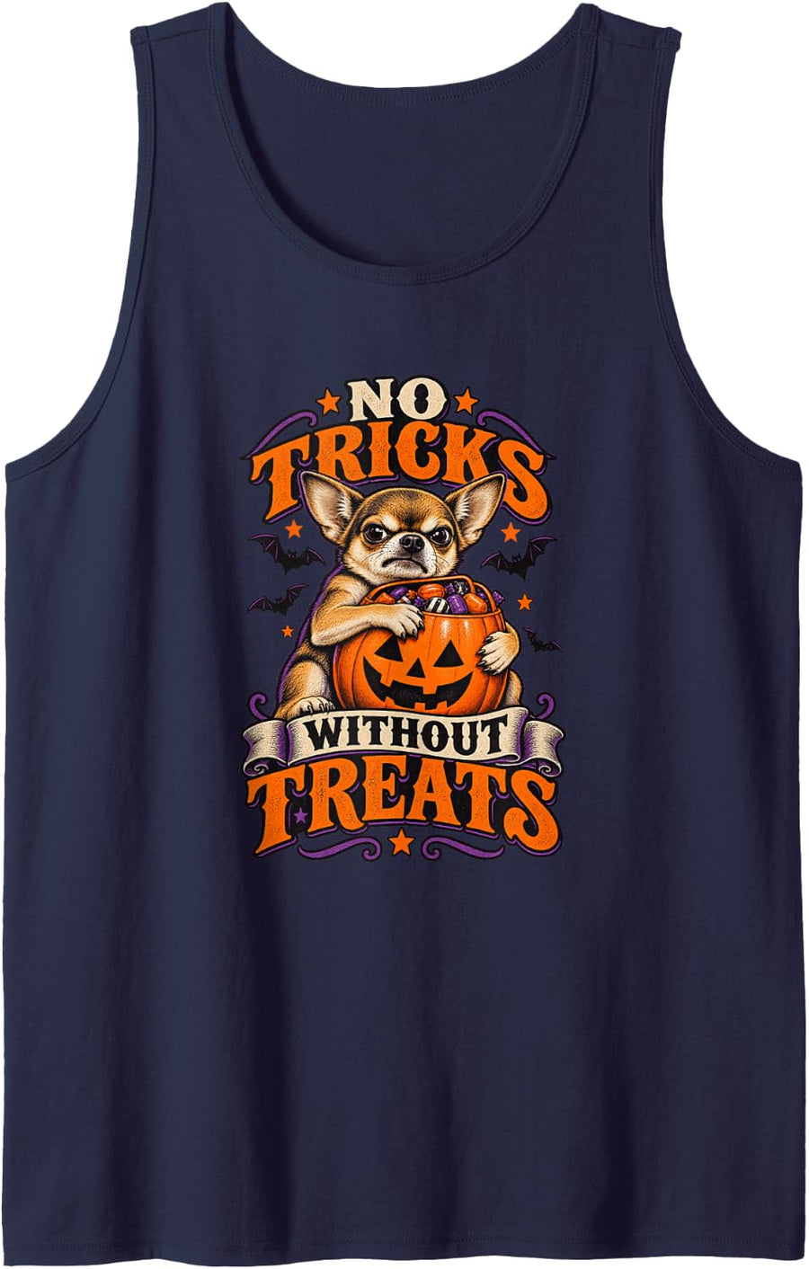 No Tricks Without Treats Chihuahua Small Dog Sleeveless Tank Top - Navy Blue