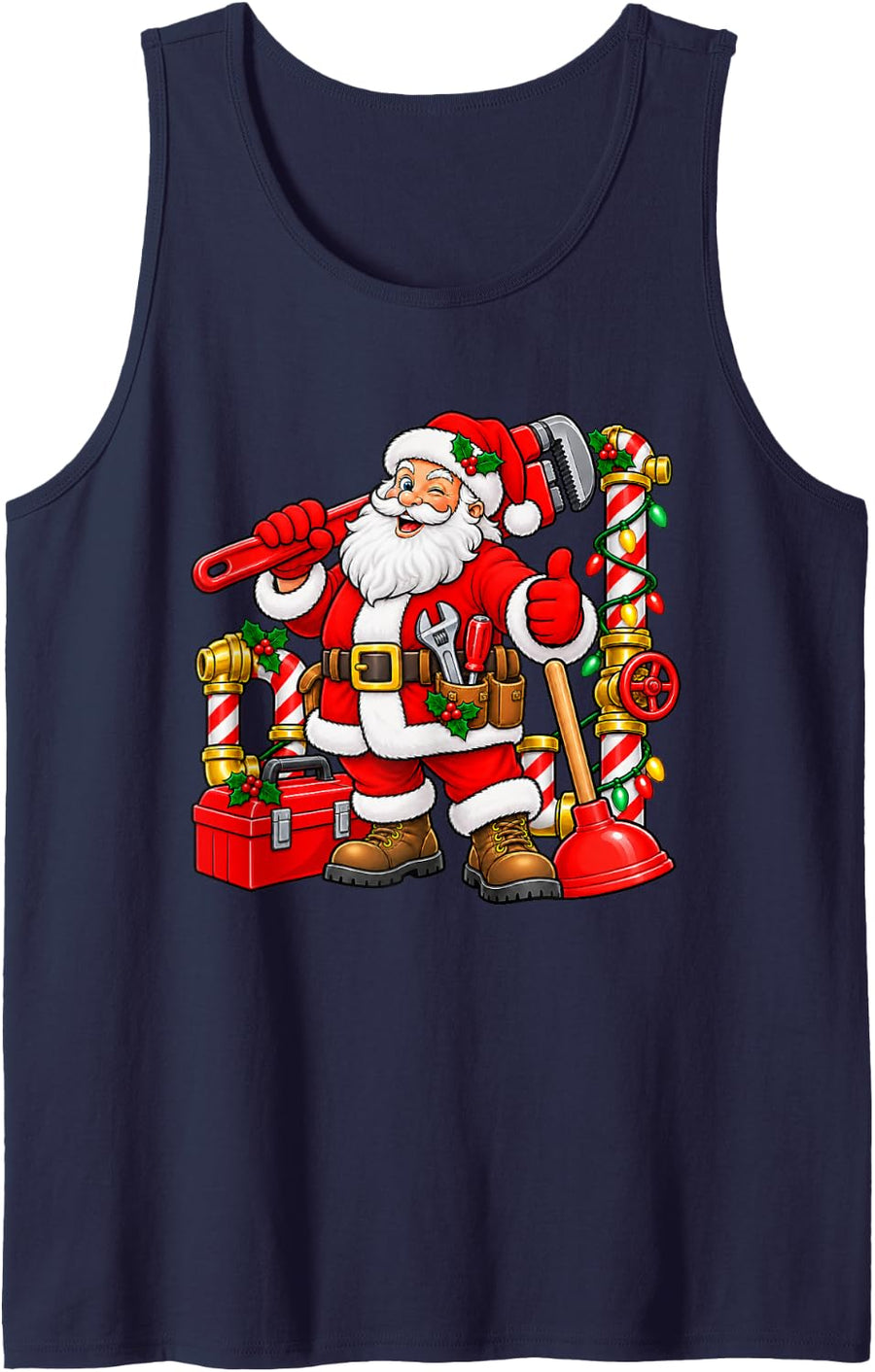 Christmas Plumber Santa Claus Plumbing Xmas Holiday Sleeveless Tank Top - Navy Blue