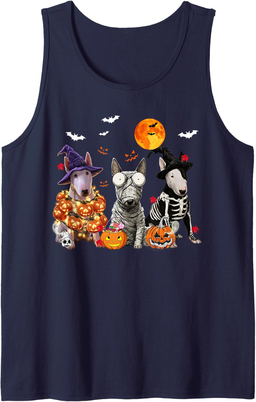 Spooky Ghost Bull Terrier Pumpkin Halloween Doodle Dog Lover Sleeveless Tank Top - Navy Blue