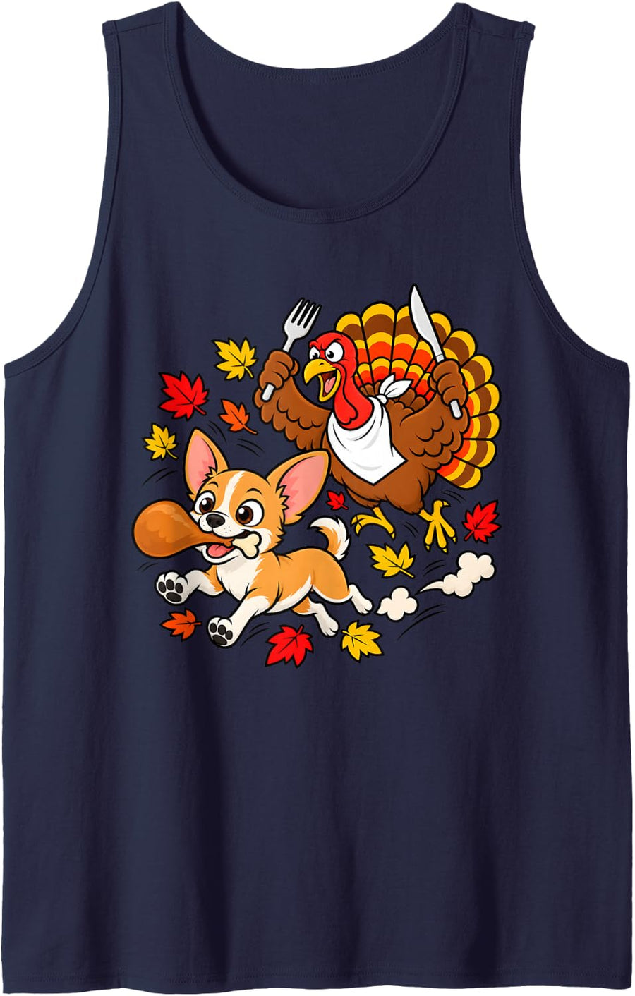 Funny Turkey Chasing Chihuahua Dog Thanksgiving Womens Mens Sleeveless Tank Top - Navy Blue