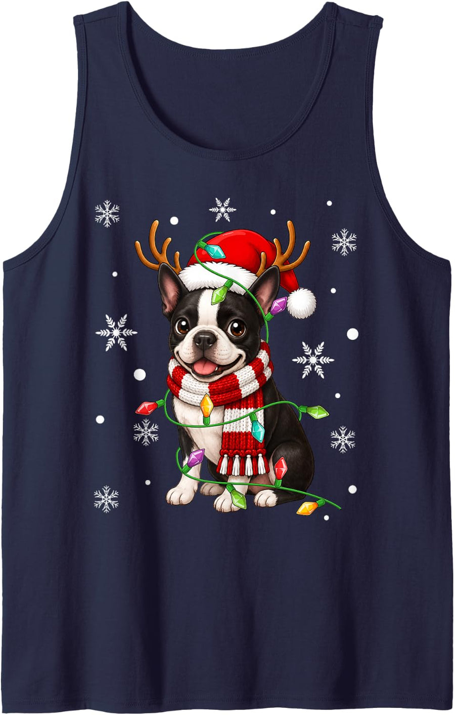 Boston Terrier Dog Christmas Lights Santa Hat Scarf Xmas Sleeveless Tank Top - Navy Blue