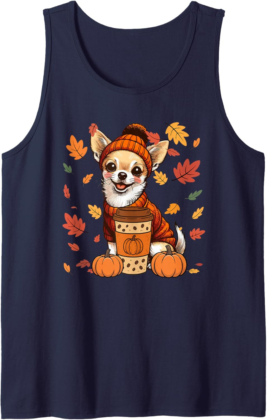 Chihuahuas Wearing Sweater Coffee Thanksgiving Autumn Owner Sleeveless Tank Top - Navy Blue
