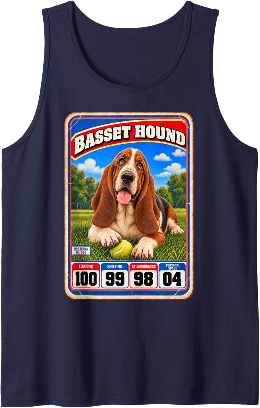 Basset Hound Vintage 70s 80s Sports Trading Card Sleeveless Tank Top - Navy Blue