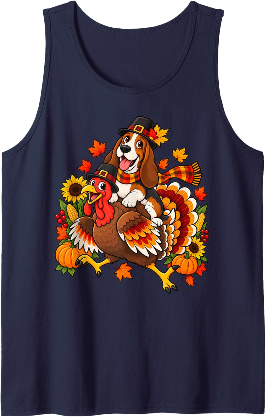Cute Pilgrim Basset Hound Dog Riding Turkey Thanksgiving Sleeveless Tank Top - Navy Blue