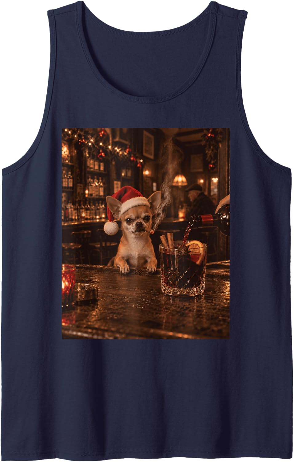 Chihuahua Drinking Mulled Wine Christmas Dog Meme Sleeveless Tank Top - Navy Blue