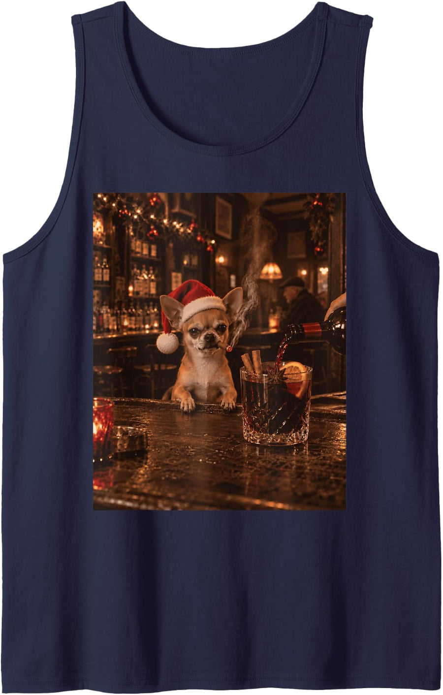 Chihuahua Drinking Mulled Wine Christmas Dog Meme Sleeveless Tank Top - Navy Blue