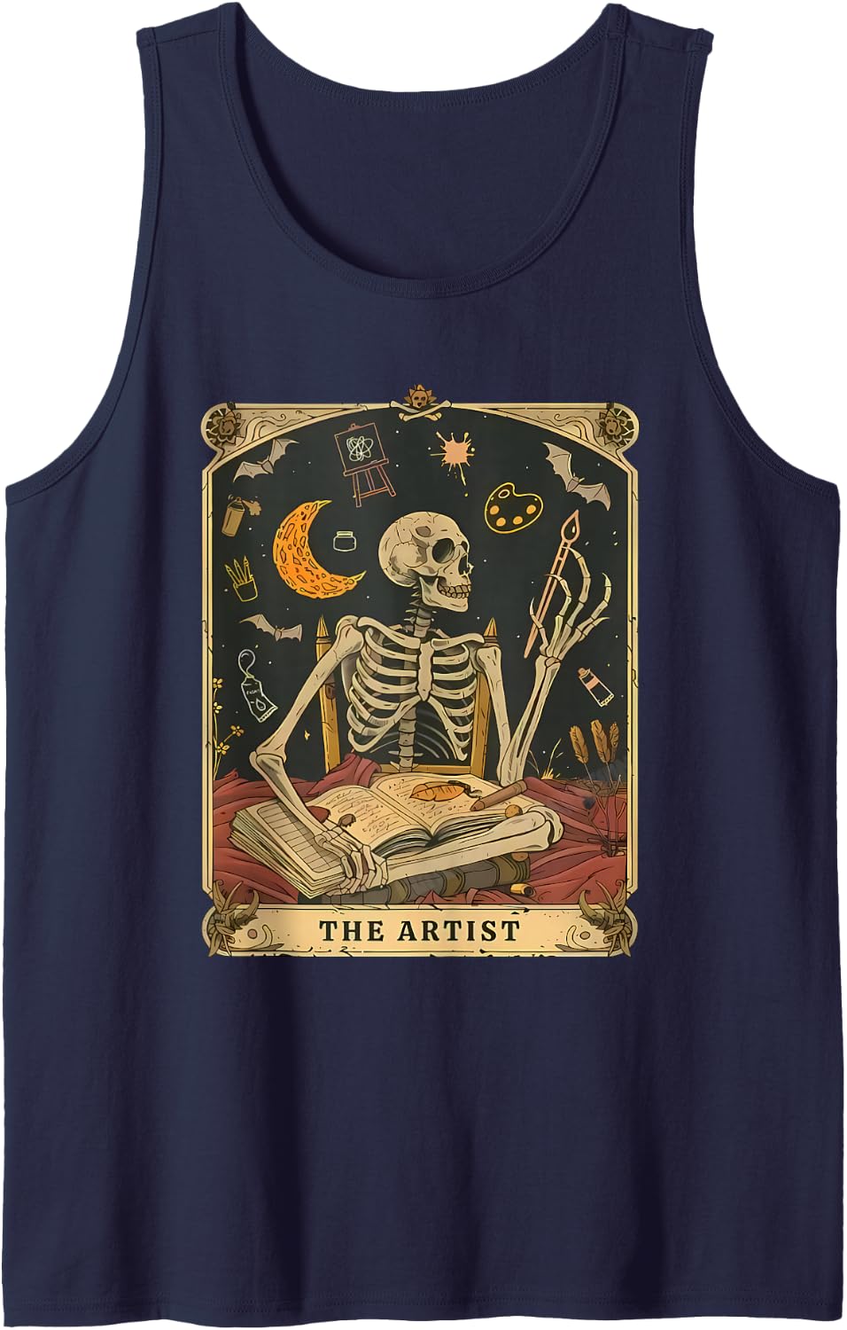 Funny Skeleton The Artist Tarot Card, Halloween Art Teacher Sleeveless Tank Top - Navy Blue