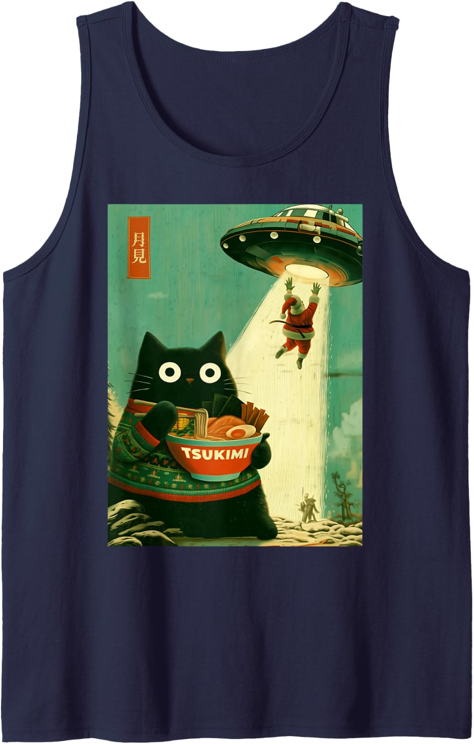 Funny Japanese Cat Eating Ramen Santa UFO Christmas Xmas Sleeveless Tank Top - Navy Blue