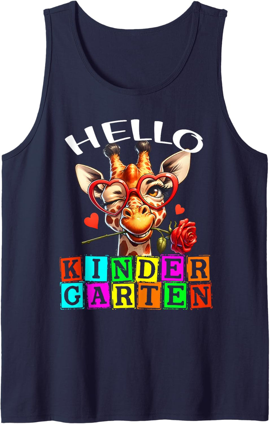 Hello Kindergarten Team Teacher Kids Giraffe Rose for Kids Sleeveless Tank Top - Navy Blue