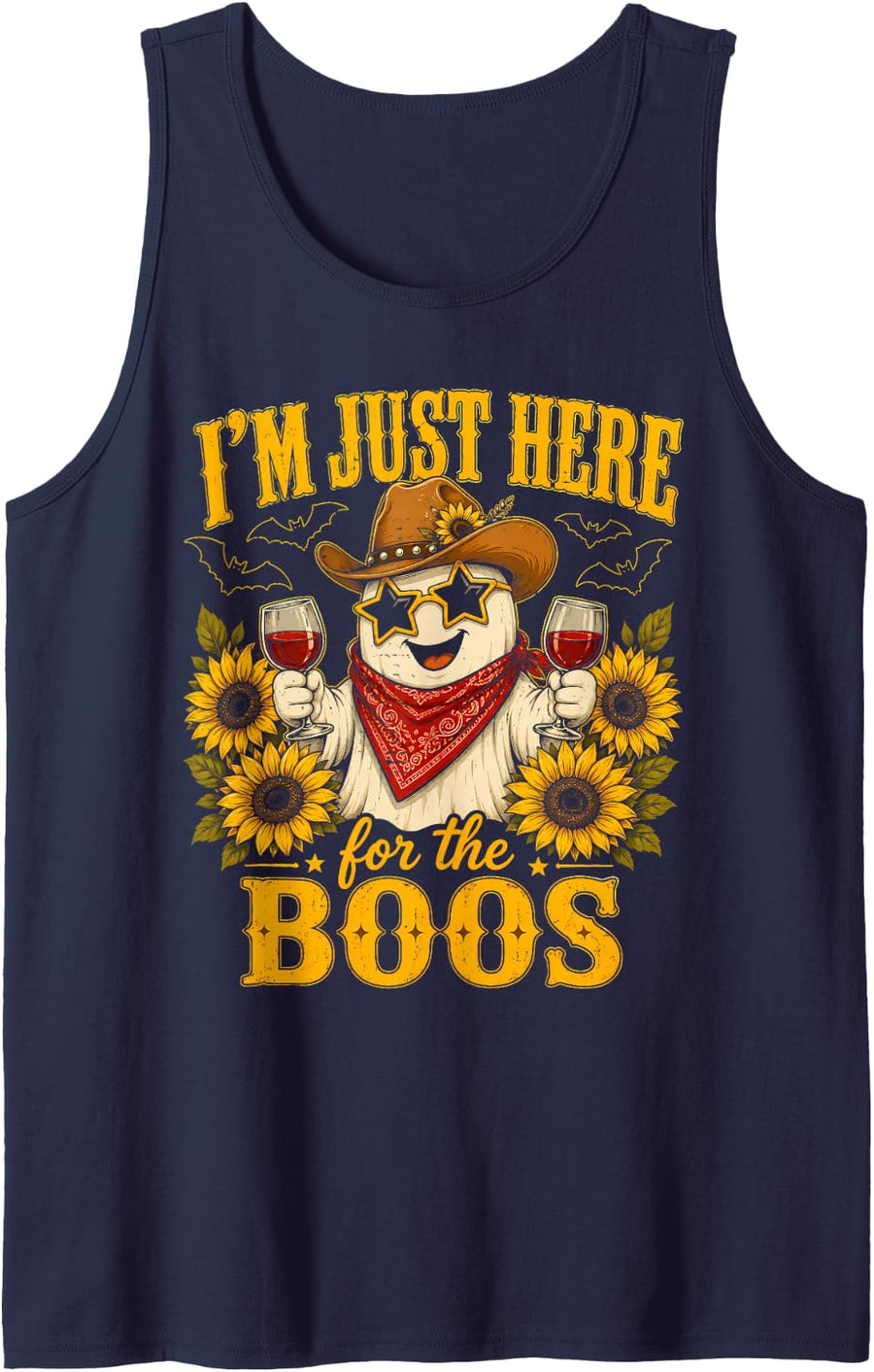 Im Just Here for The Boos Ghost Cowboy Sunflower Tank Top - Navy Blue