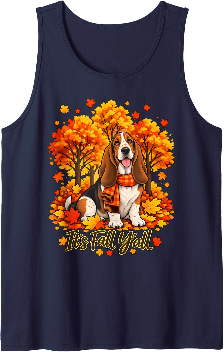 It's Fall Y'all Basset Hound Dog Tree Autumn Thanksgiving Sleeveless Tank Top - Navy Blue