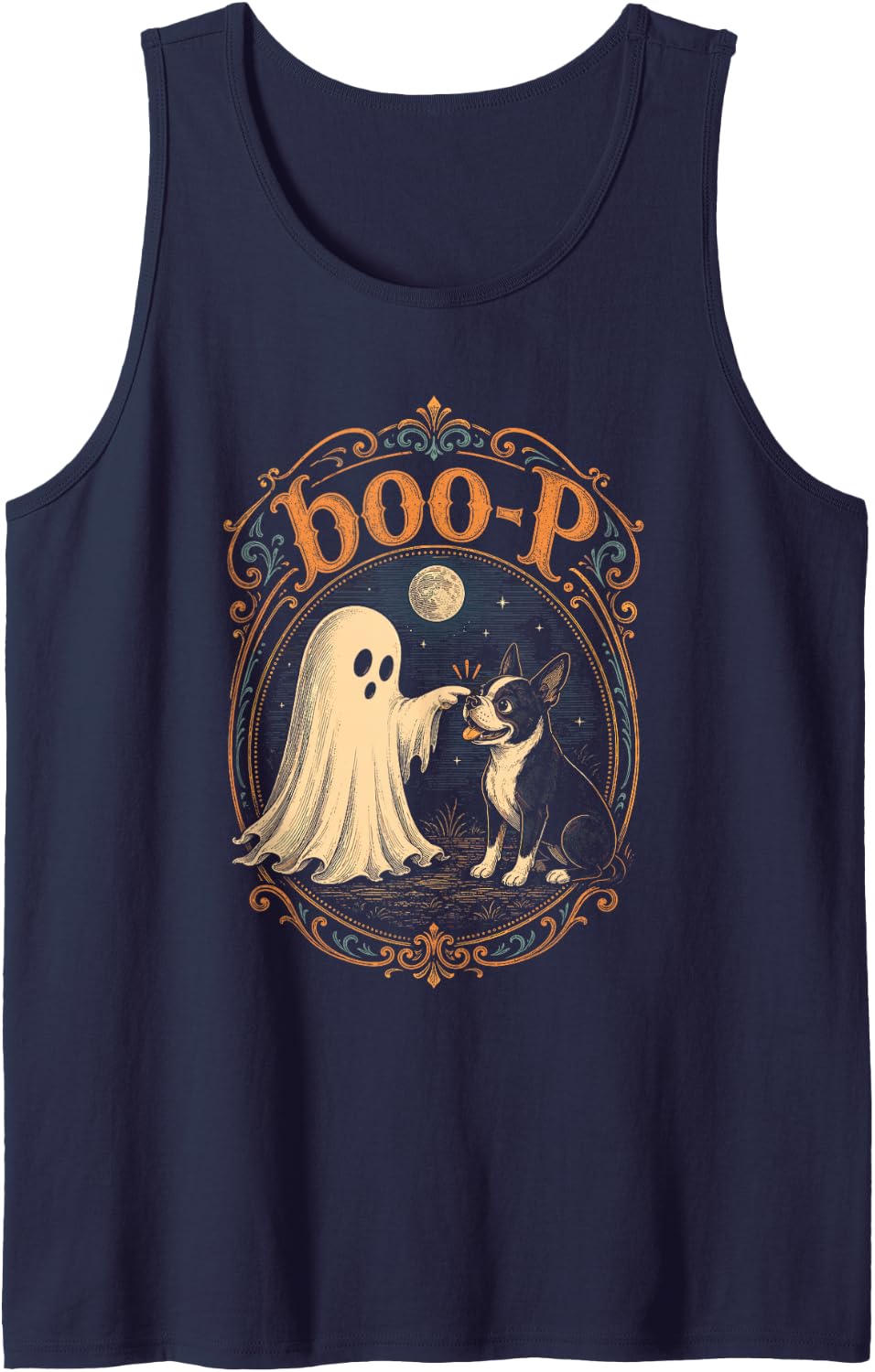 Boo Boo-p Boston Terrier Ghost Funny Boop Halloween Dog Mom Sleeveless Tank Top - Navy Blue