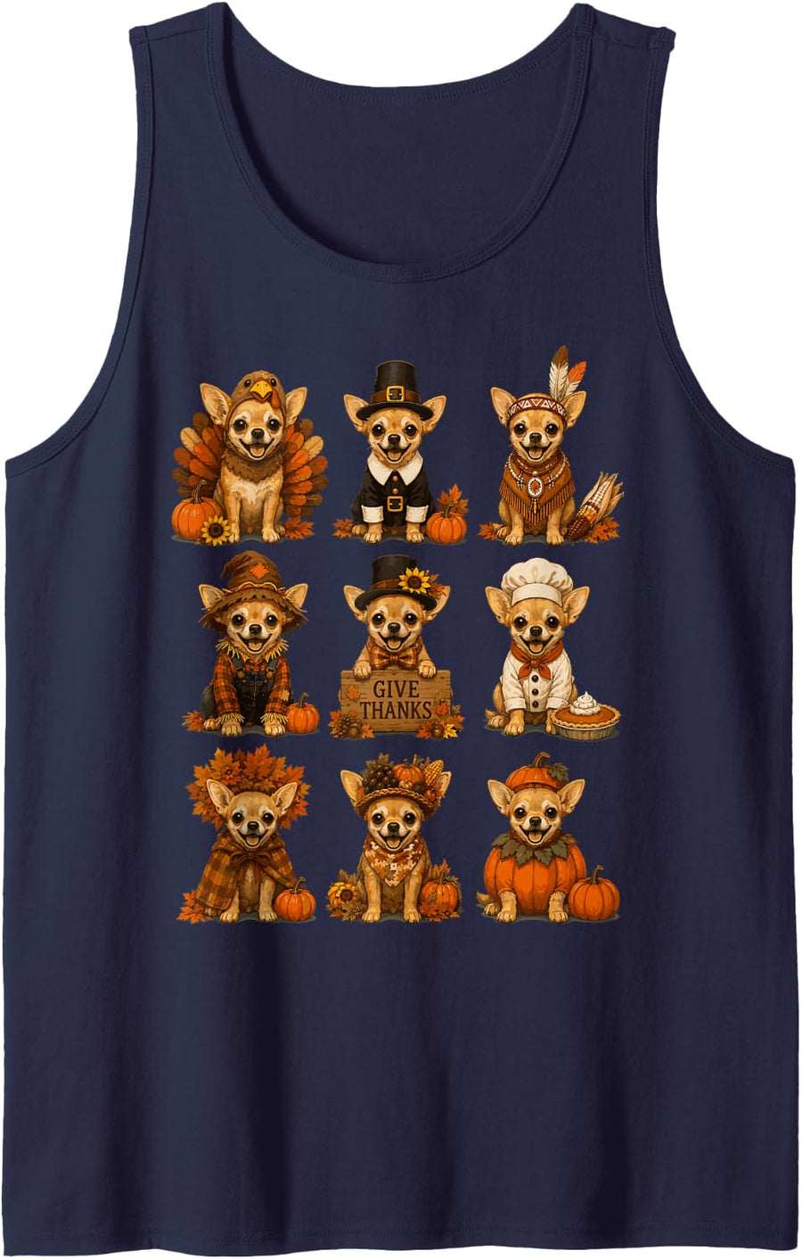 Thanksgiving Chihuahua Dog Lover Pumpkin Costume Autumn Sleeveless Tank Top - Navy Blue