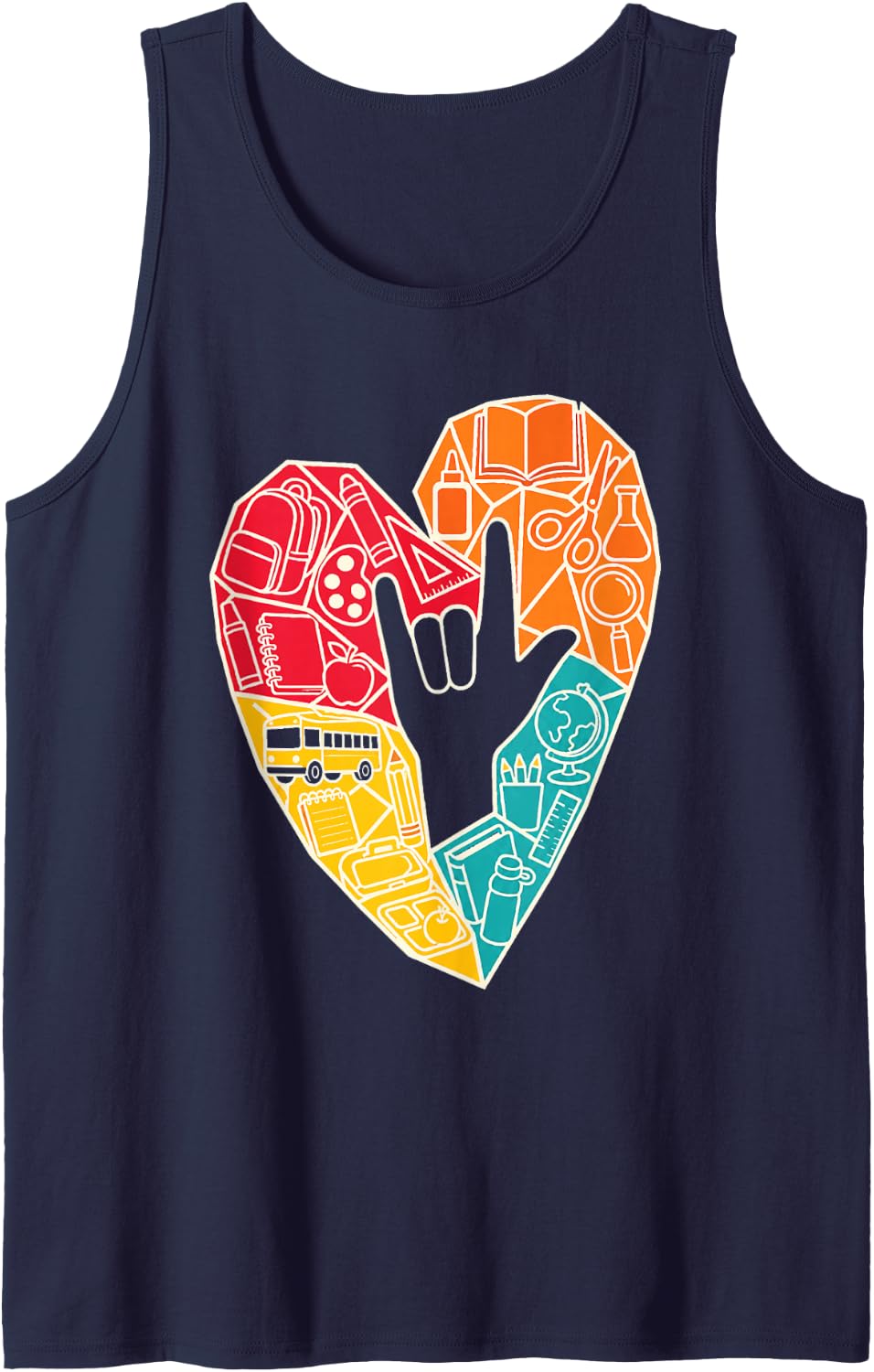 Elementary School Supplies Heart Line Art Kids Design Sleeveless Tank Top - Navy Blue