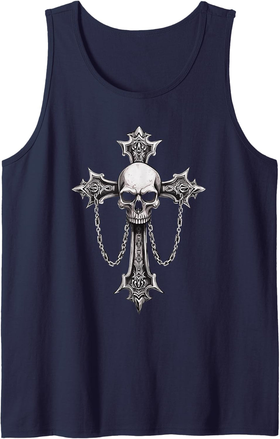 Skull with Silver Cross | Chains | Goth | Emo | y2k | Grunge Sleeveless Tank Top - Navy Blue