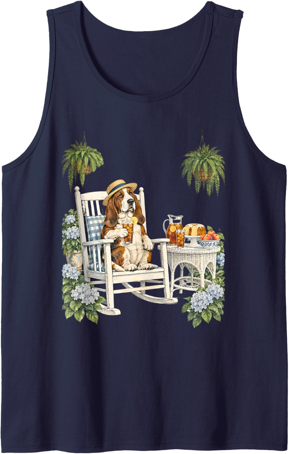 Basset Hound Relaxing with Iced Tea and Summer Treats Sleeveless Tank Top - Navy Blue