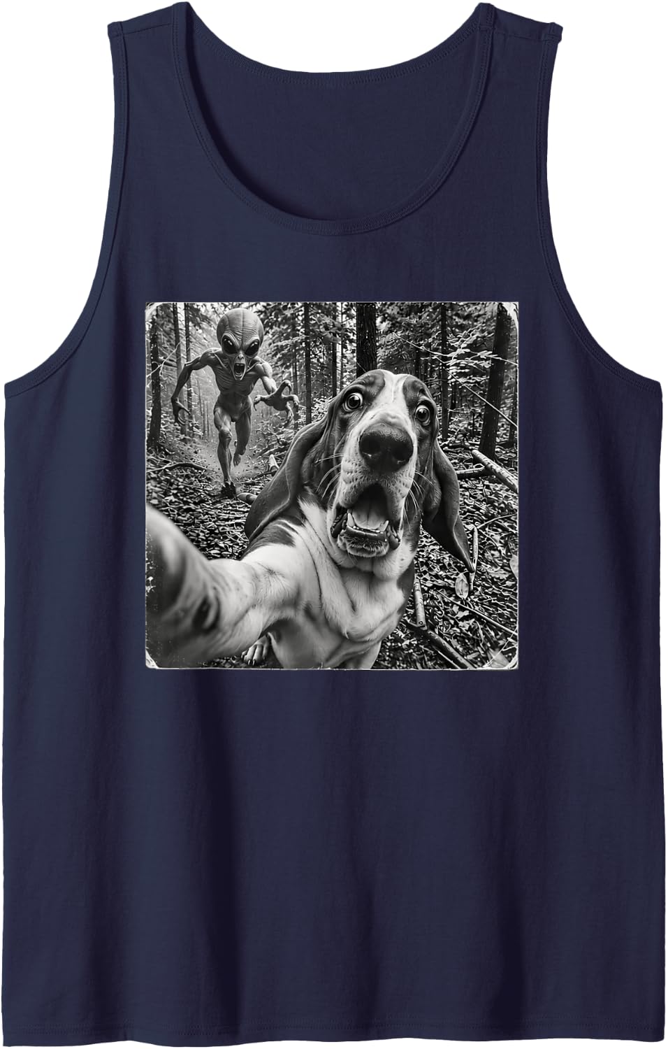 Basset Hound Selfie Running from Alien Funny Forest Sleeveless Tank Top - Navy Blue