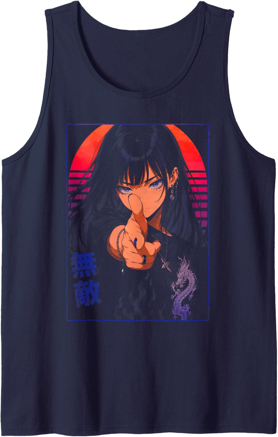 Anime Girl Waifu Goth Aesthetic Vaporwave Women Teens Girls Tank Top - Navy Blue