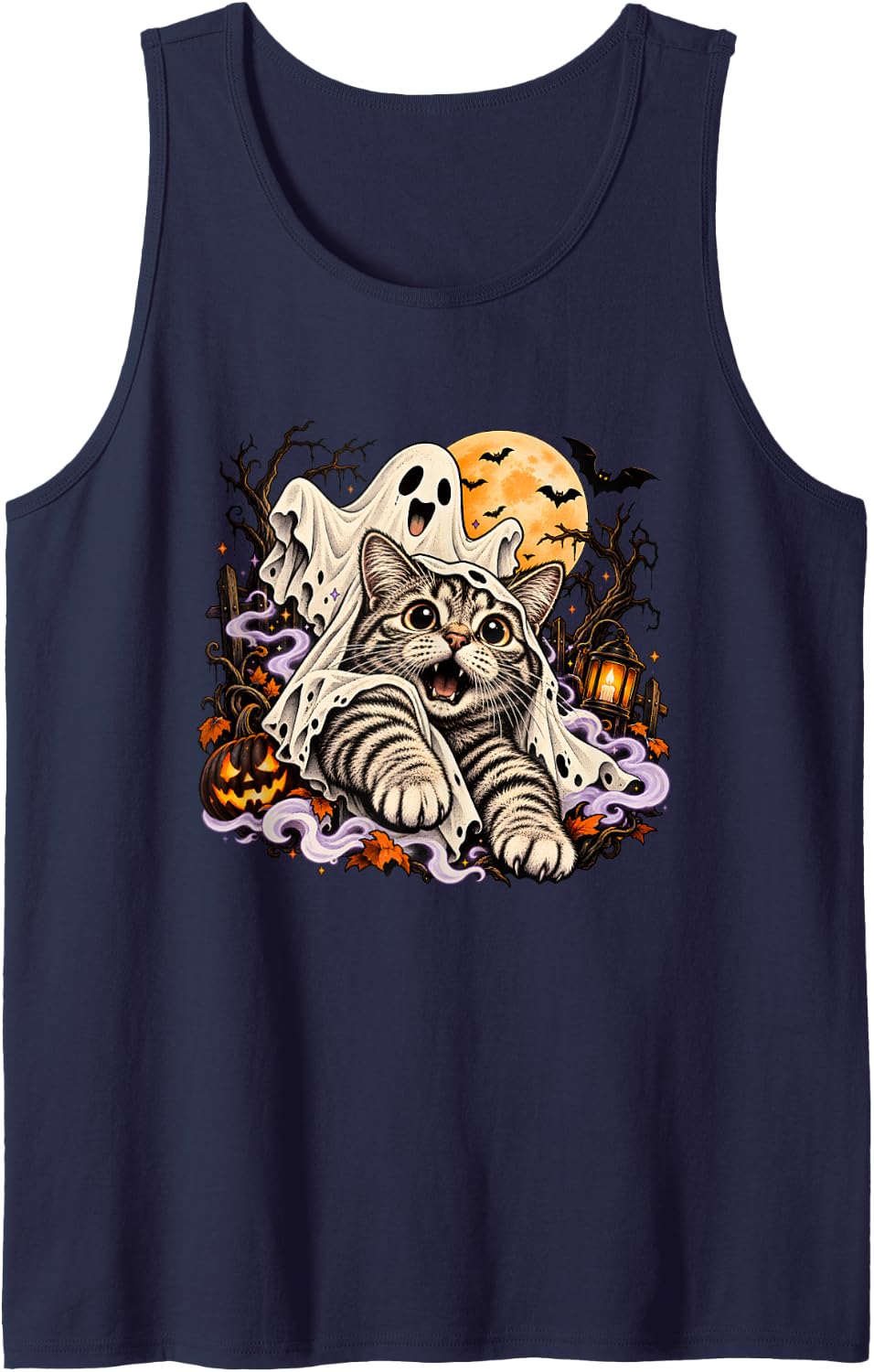 Halloween Ghost Cat Pumpkin Moon Cute Spooky Art Sleeveless Tank Top - Navy Blue