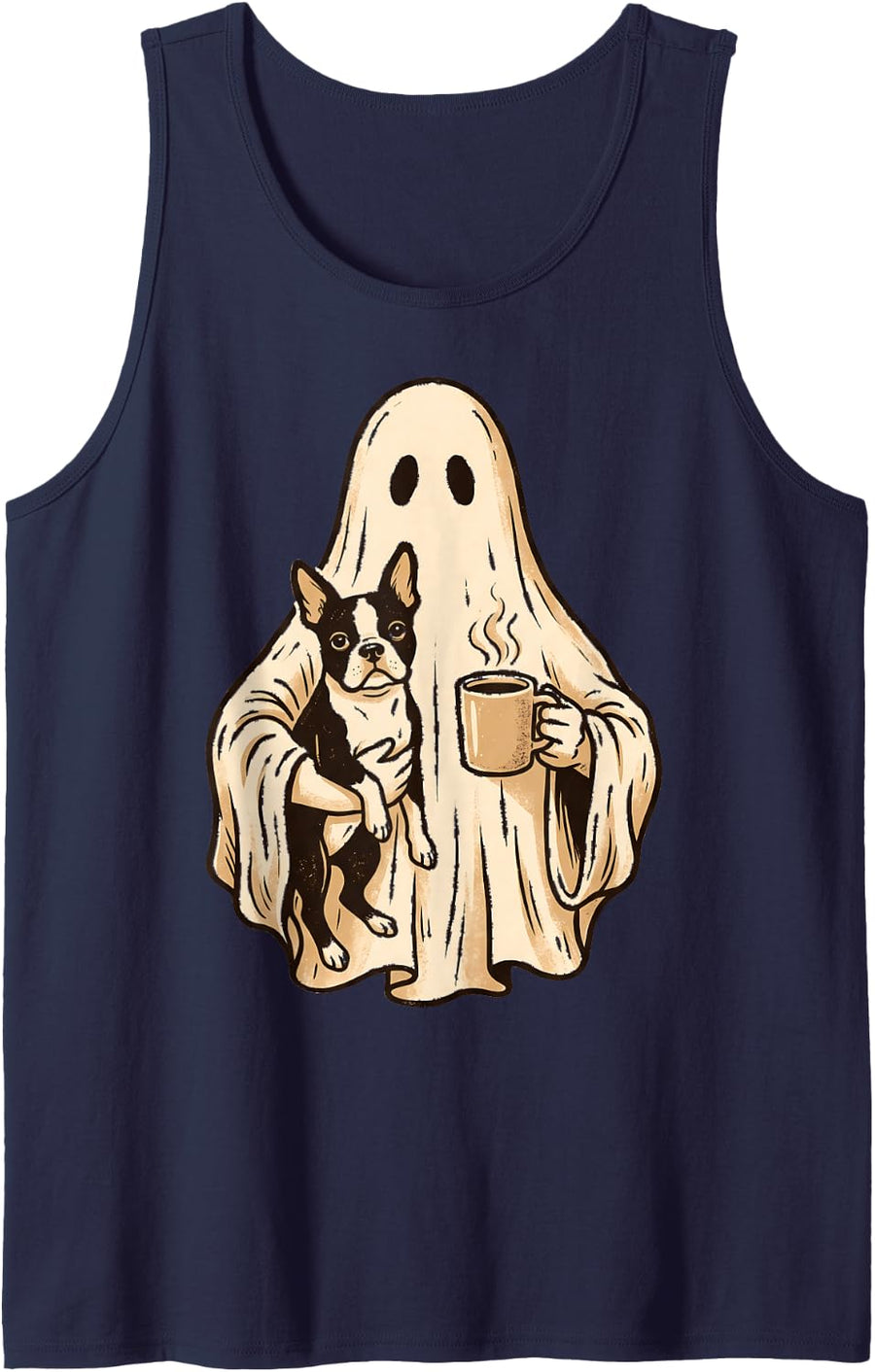 Grumpy Ghost Boston Terrier Halloween Dog Coffee Lover Sleeveless Tank Top - Navy Blue