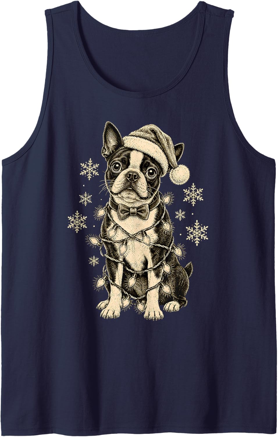 Boston Terrier Santa Hat Christmas Lights Dog Sleeveless Tank Top - Navy Blue