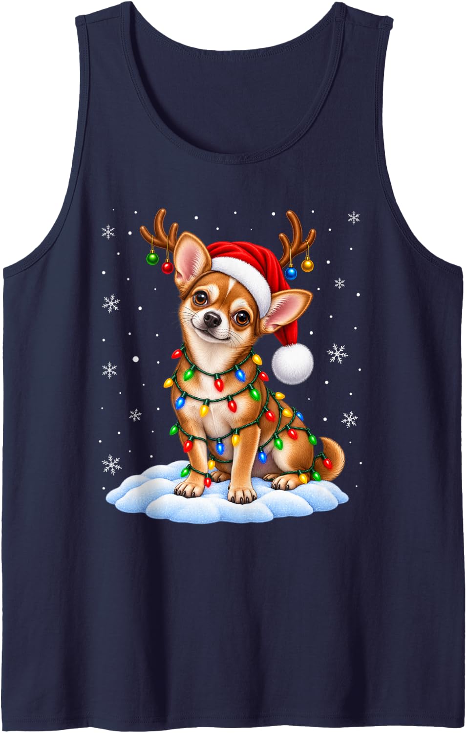 Chihuahua Dog Christmas Lights Santa Reindeer Xmas Pet Dog Sleeveless Tank Top - Navy Blue