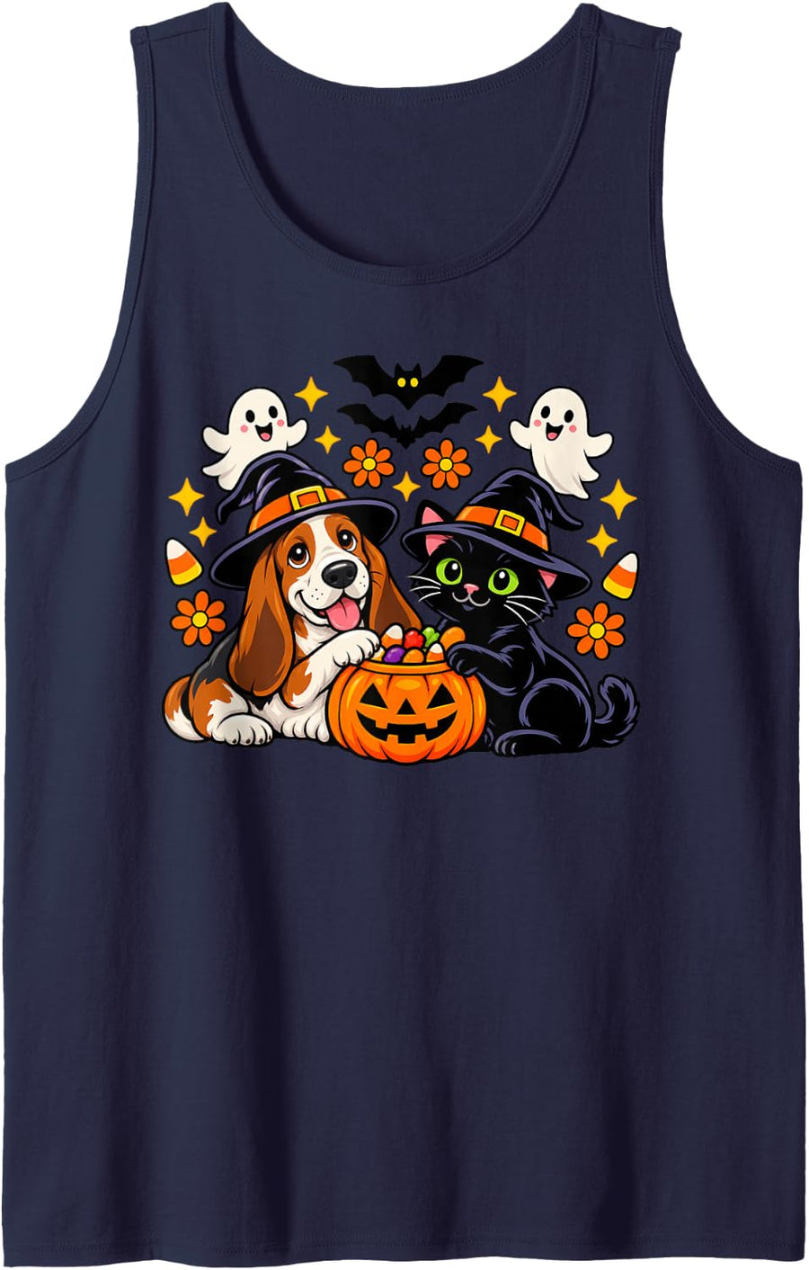 Funny Basset Hound Dog and Black Cat Pumpkin Halloween Sleeveless Tank Top - Navy Blue