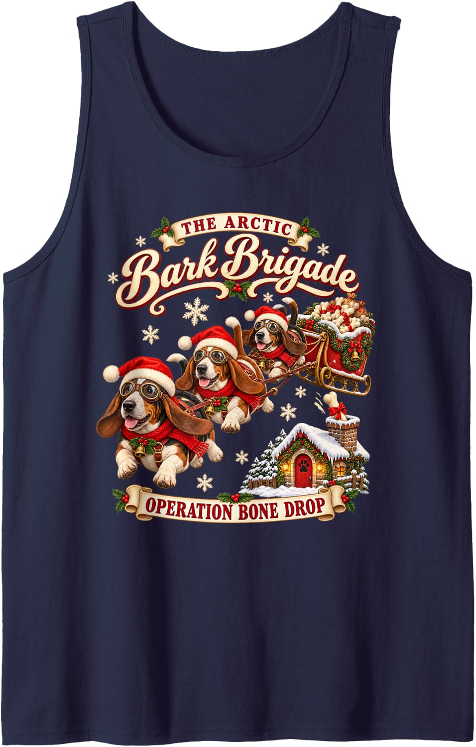 Funny Basset Hound Xmas Sleigh Dog Family Kids Cute Basset Sleeveless Tank Top - Navy Blue