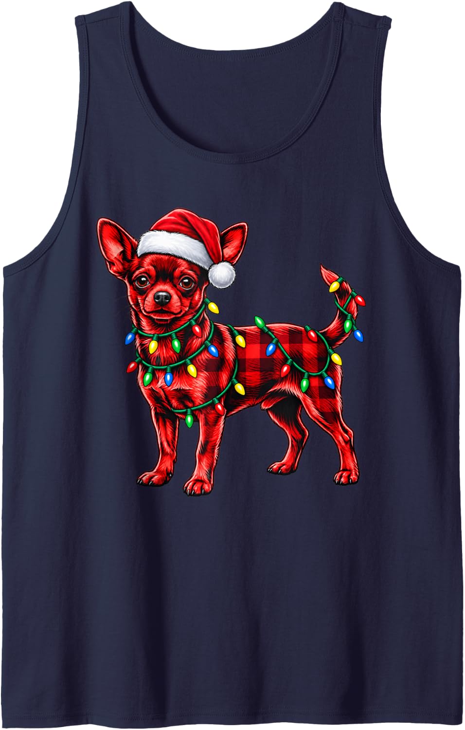 Christmas Lights Santa Red Plaid Chihuahua Dog Dad Mom Xmas Sleeveless Tank Top - Navy Blue