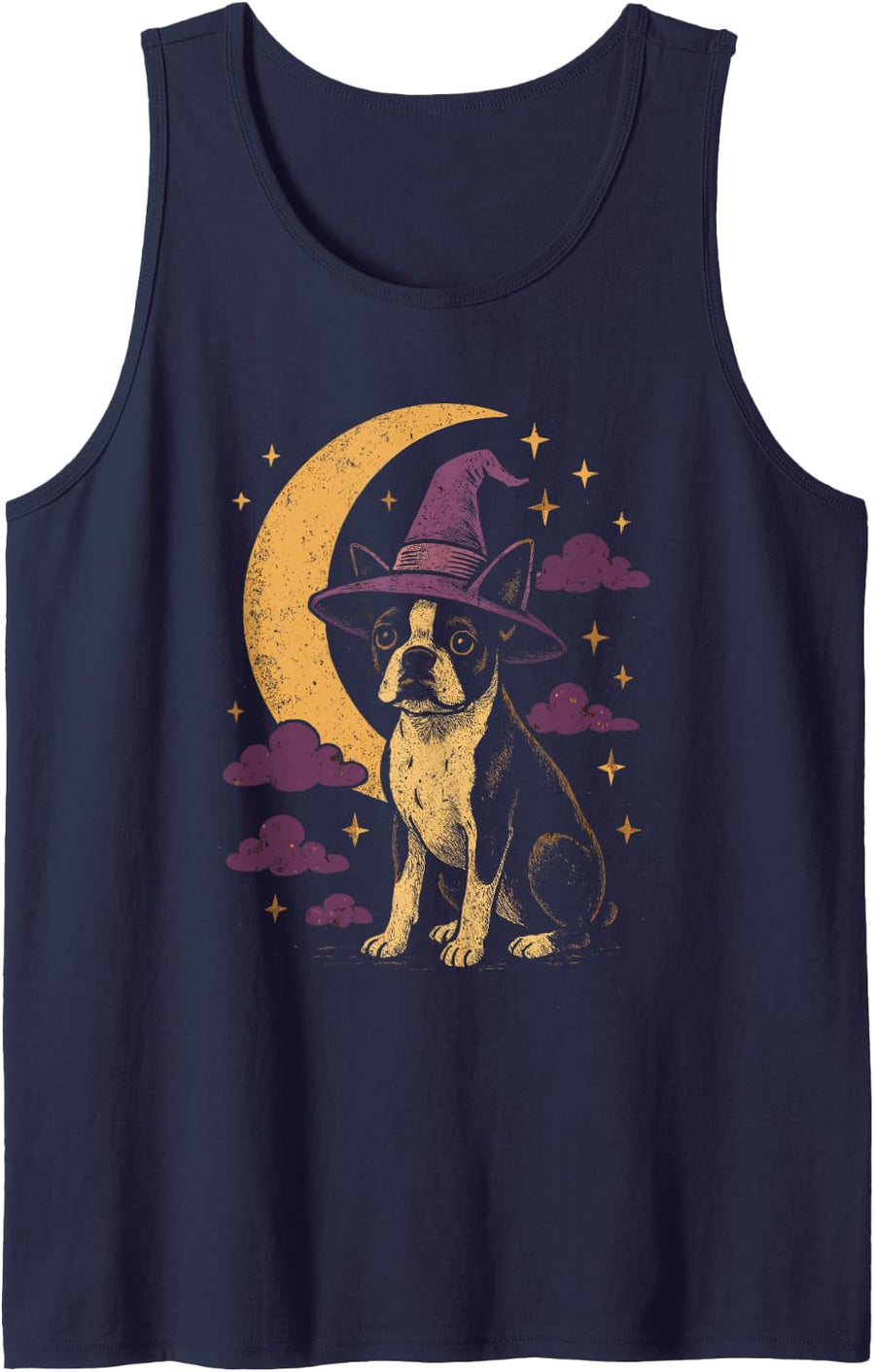 Witch Boston Terrier Moon Funny Sleeveless Tank Top - Navy Blue