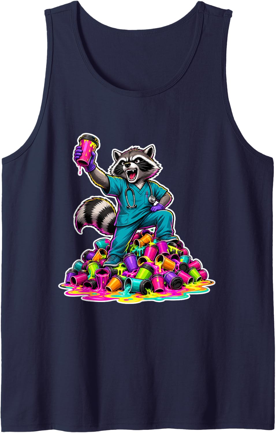 Night Shift Nurse Caffeine Raccoon Medical Scrub Life Graphi Sleeveless Tank Top - Navy Blue
