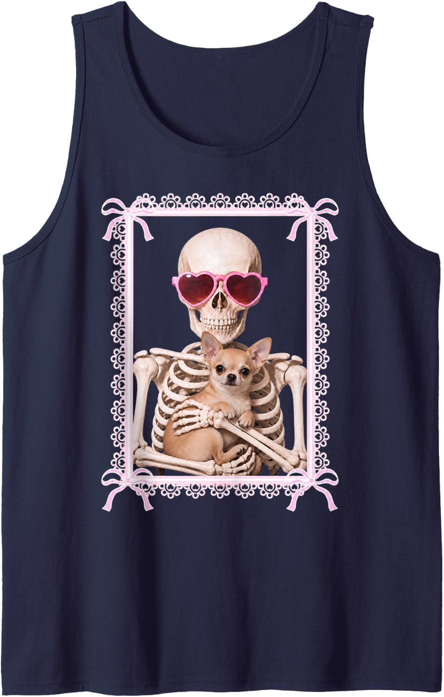 Skeleton Pink Chihuahua Halloween Cute Women Sleeveless Tank Top - Navy Blue