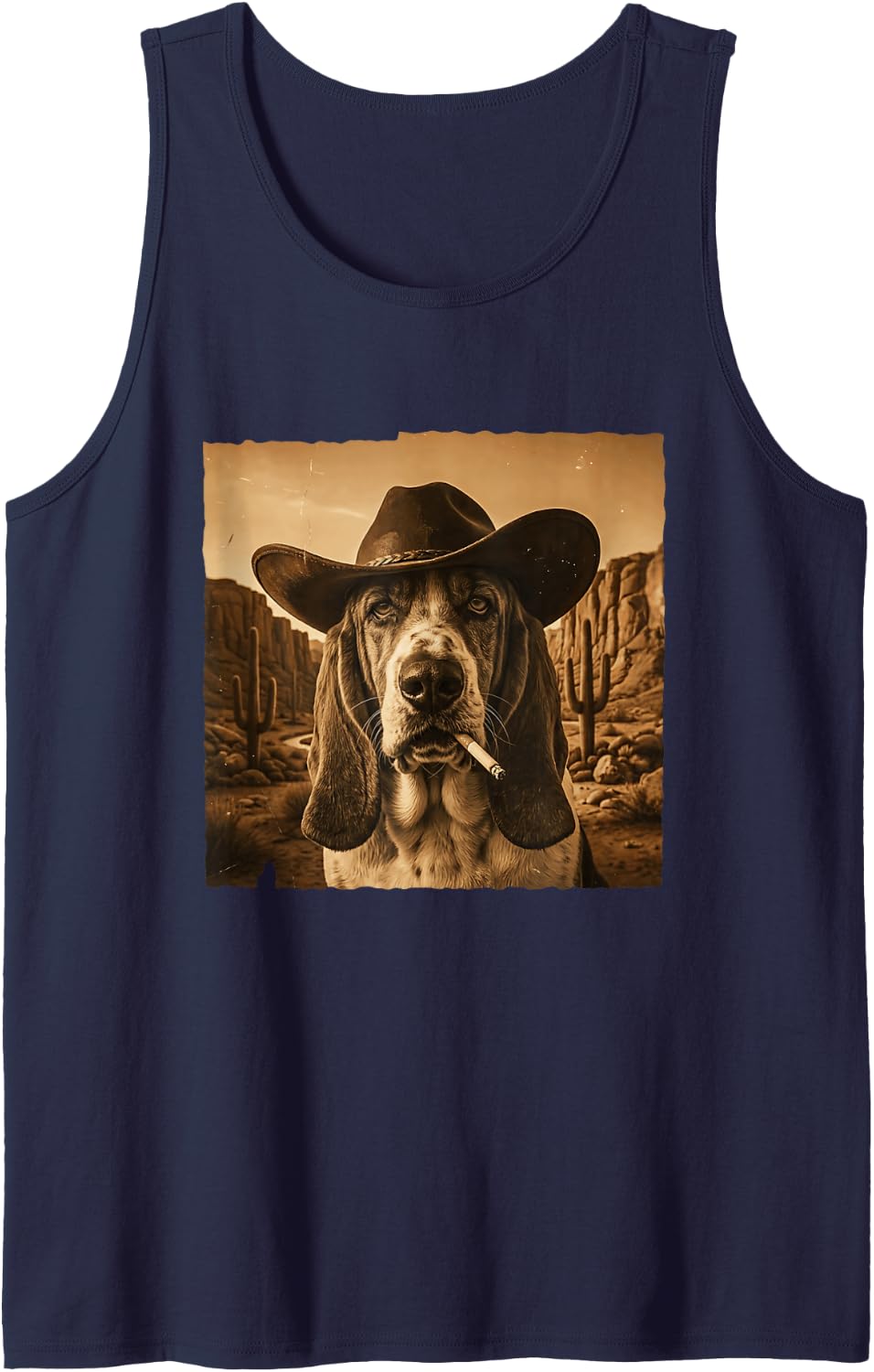 Basset Hound Vintage Wester Cowboy Novelty Sleeveless Tank Top - Navy Blue