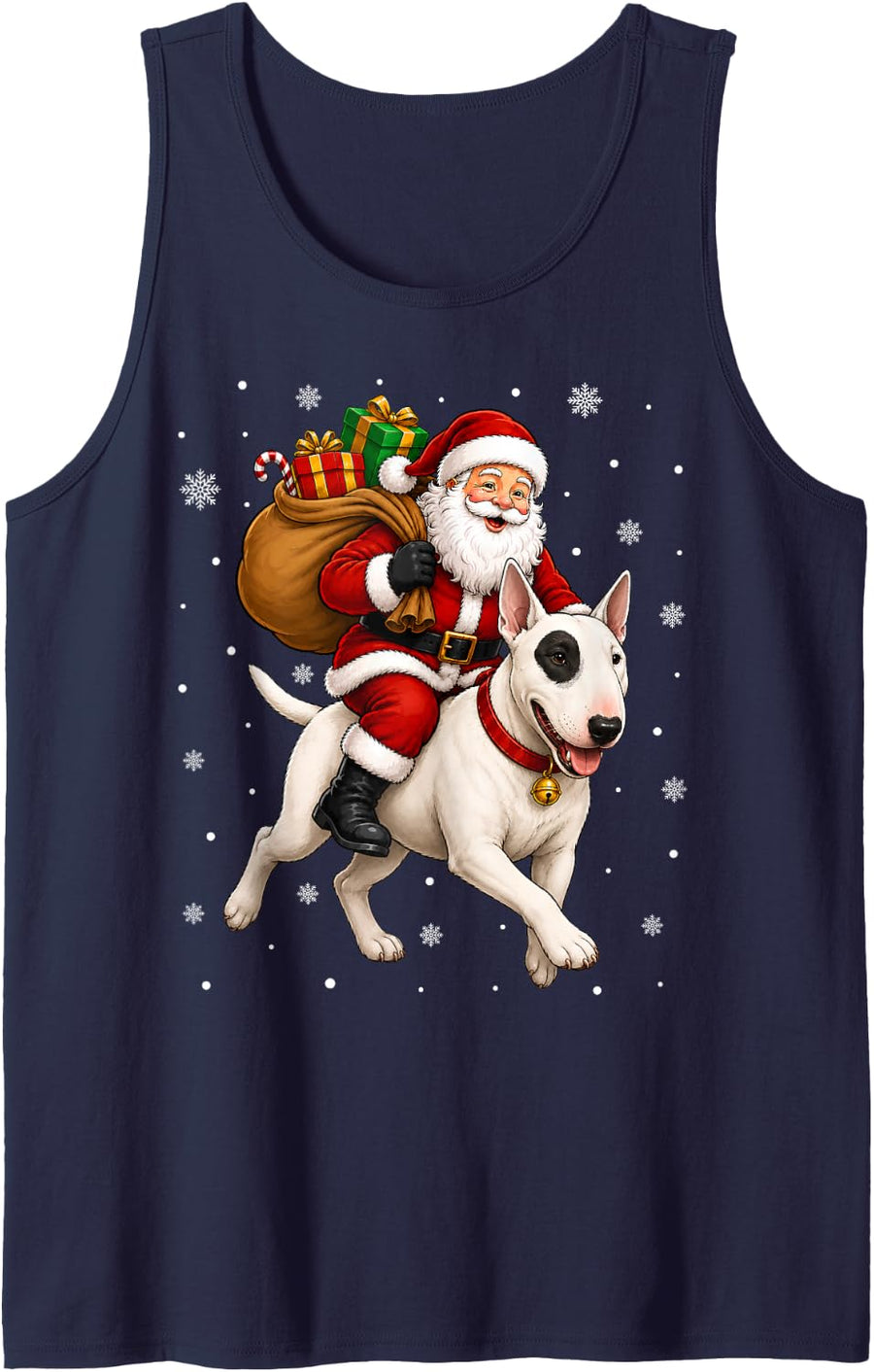 Festive Holiday Fun Santa Riding Bull Terrier Dog Christmas Sleeveless Tank Top - Navy Blue