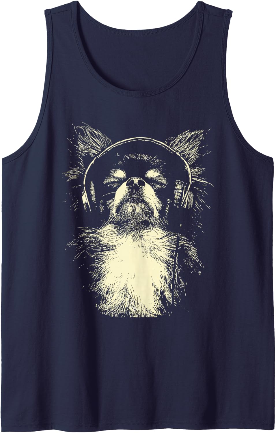 Cute Chihuahua with Headphones Dog DJ Festival Music Lover Sleeveless Tank Top - Navy Blue