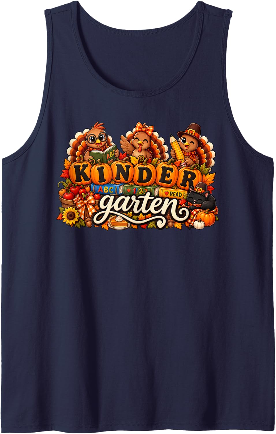 Thanksgiving Kindergarten Teacher Turkey Pumpkin Sleeveless Tank Top - Navy Blue