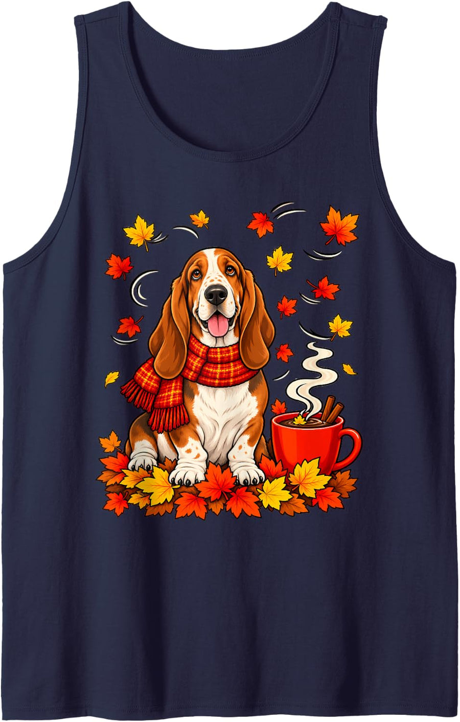 Basset Hound Fall Red Scarf Autumn Leaf for Dog Lover Funny Sleeveless Tank Top - Navy Blue