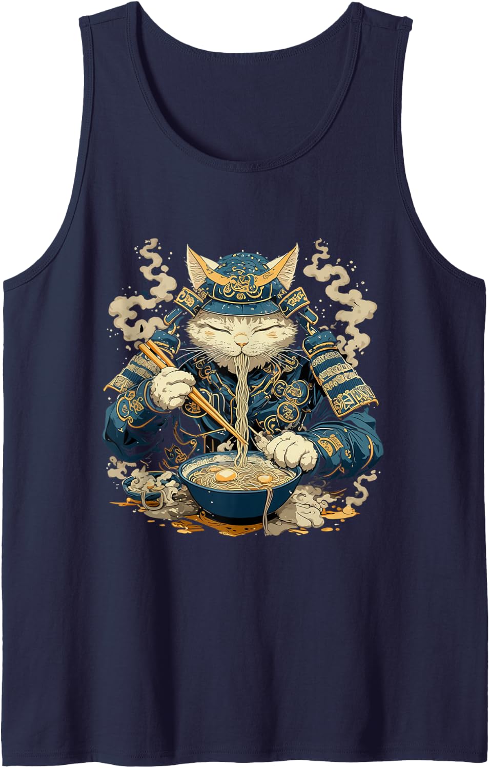 Japanese Art Ramen Cat Ninja Ukiyo-e Anime Style Samurai Cat Sleeveless Tank Top - Navy Blue