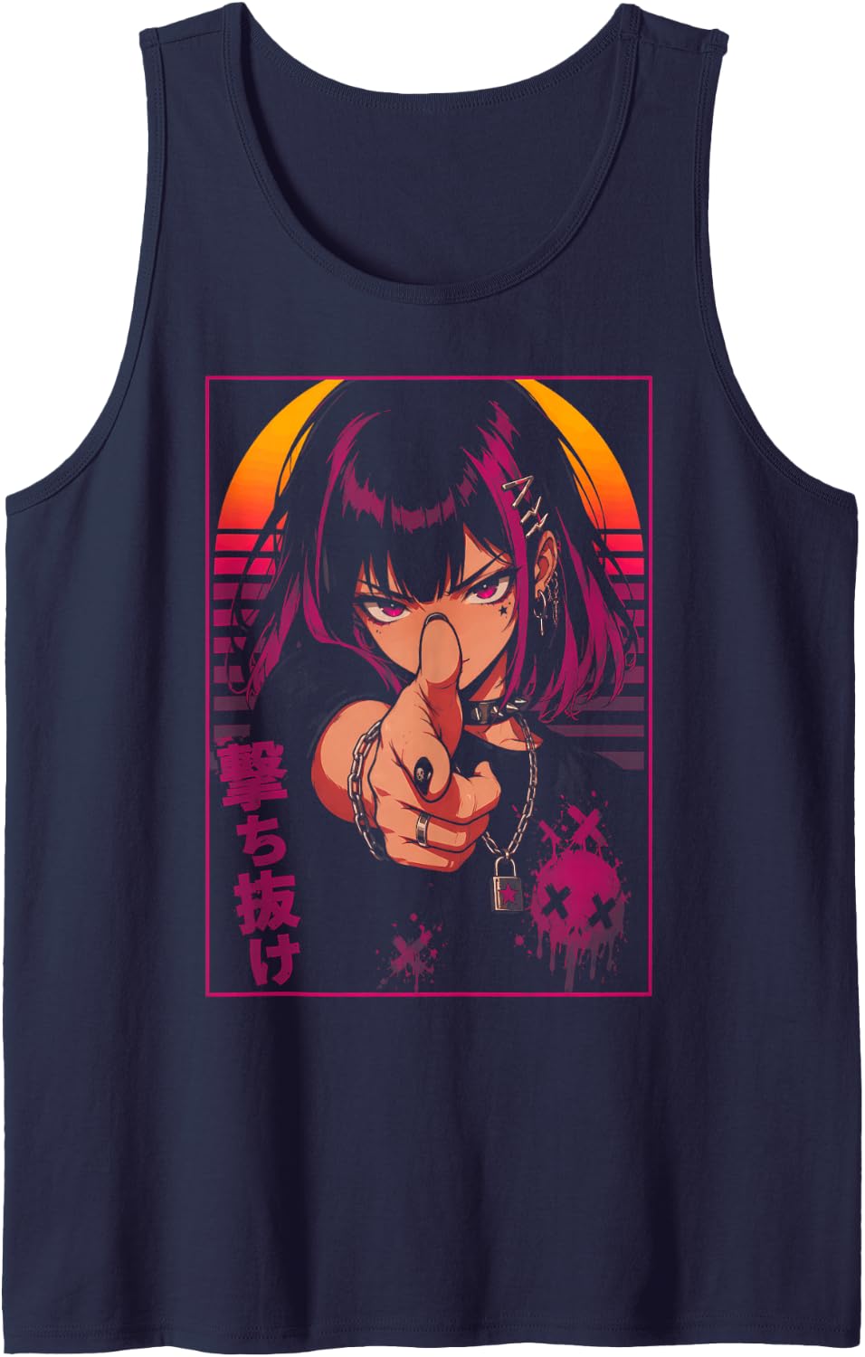 Anime Girl Waifu Goth Aesthetic Vaporwave Men Women Teens Tank Top - Navy Blue