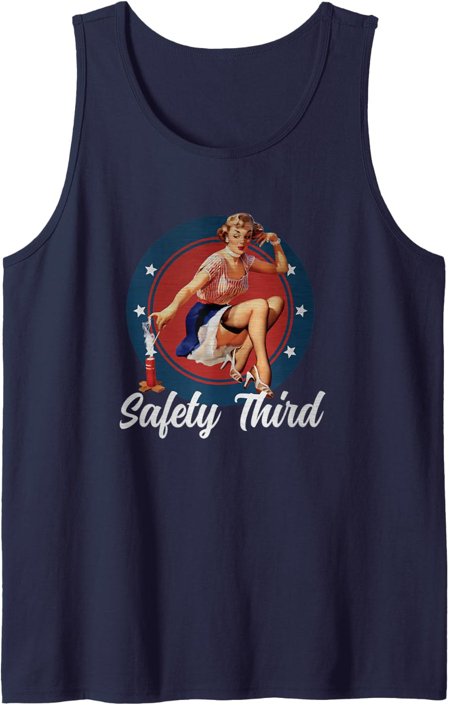 Safety Third 4th of July Patriotic Fireworks Pin Up Girl Tank Top - Navy Blue