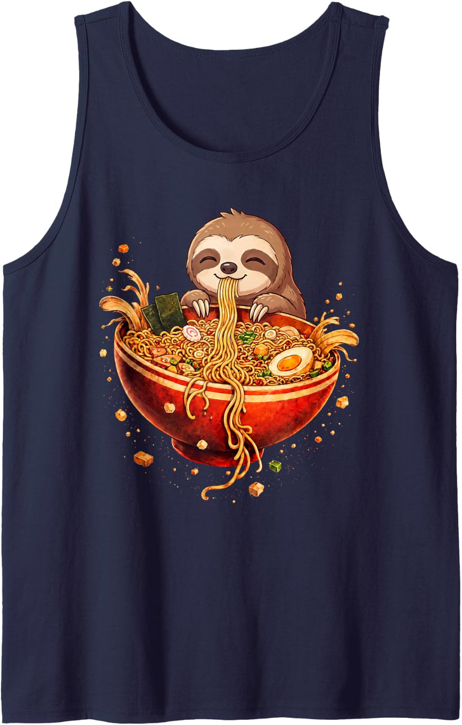 Sloth Ramen Japanese Art Funny Anime Graphic Tee Kawaii Sleeveless Tank Top - Navy Blue