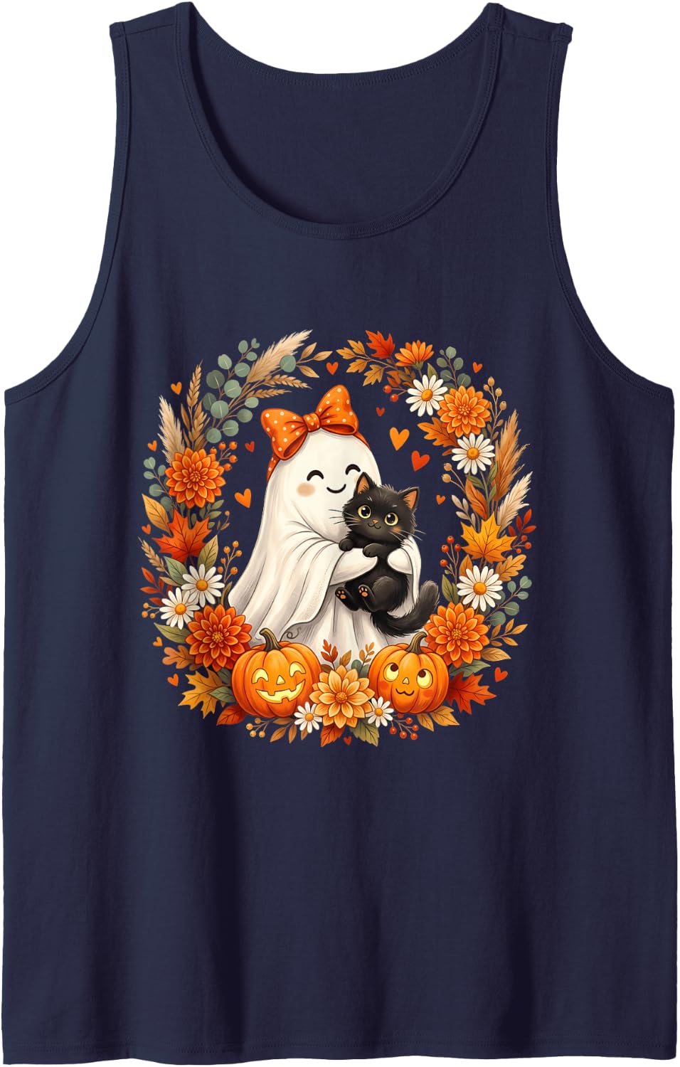 Halloween Ghost Holding Black Cat Costume Spooky Season Tank Top - Navy Blue