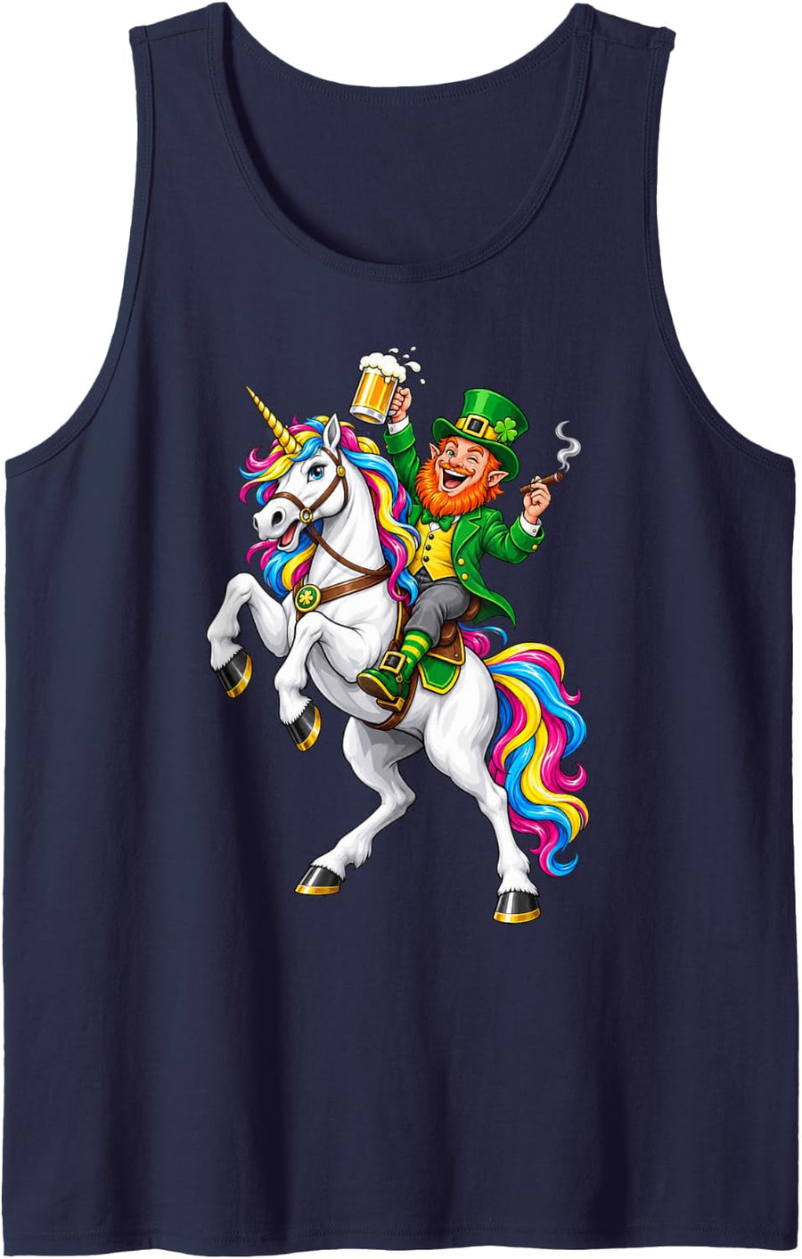 Leprechaun Riding a Lepricorn Unicorn St Patricks Day Funny Sleeveless Tank Top - Navy Blue