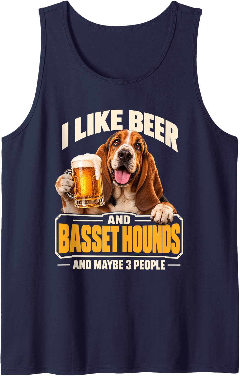 I Like Beer and Basset Hounds and Maybe 3 People Funny Dog Sleeveless Tank Top - Navy Blue