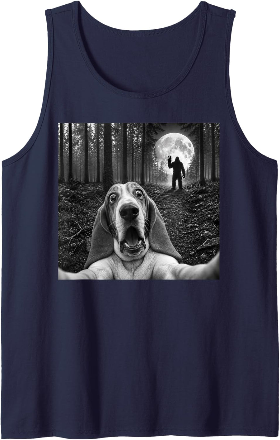 Basset Hound Selfie with Bigfoot Peace Sign Dog Sasquatch Sleeveless Tank Top - Navy Blue