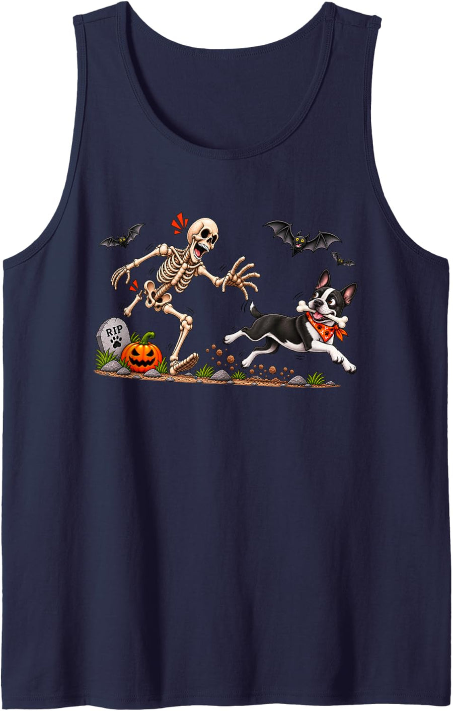 Funny Boston Terrier Stealing Bone from Skeleton Halloween Sleeveless Tank Top - Navy Blue