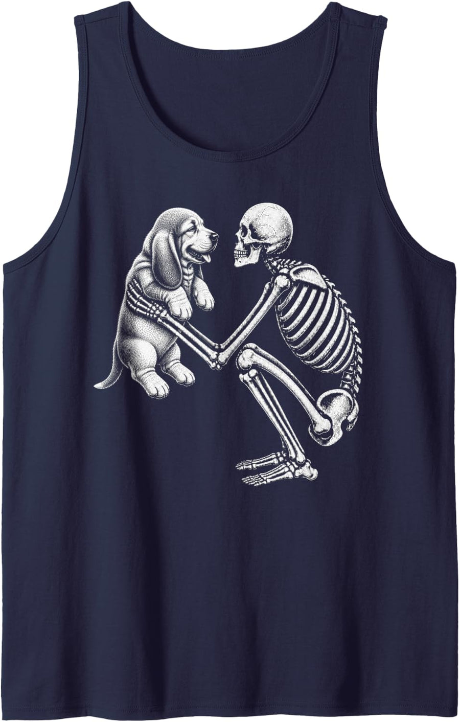 Skeleton Holding Basset Hound Retro Halloween Dog Sleeveless Tank Top - Navy Blue