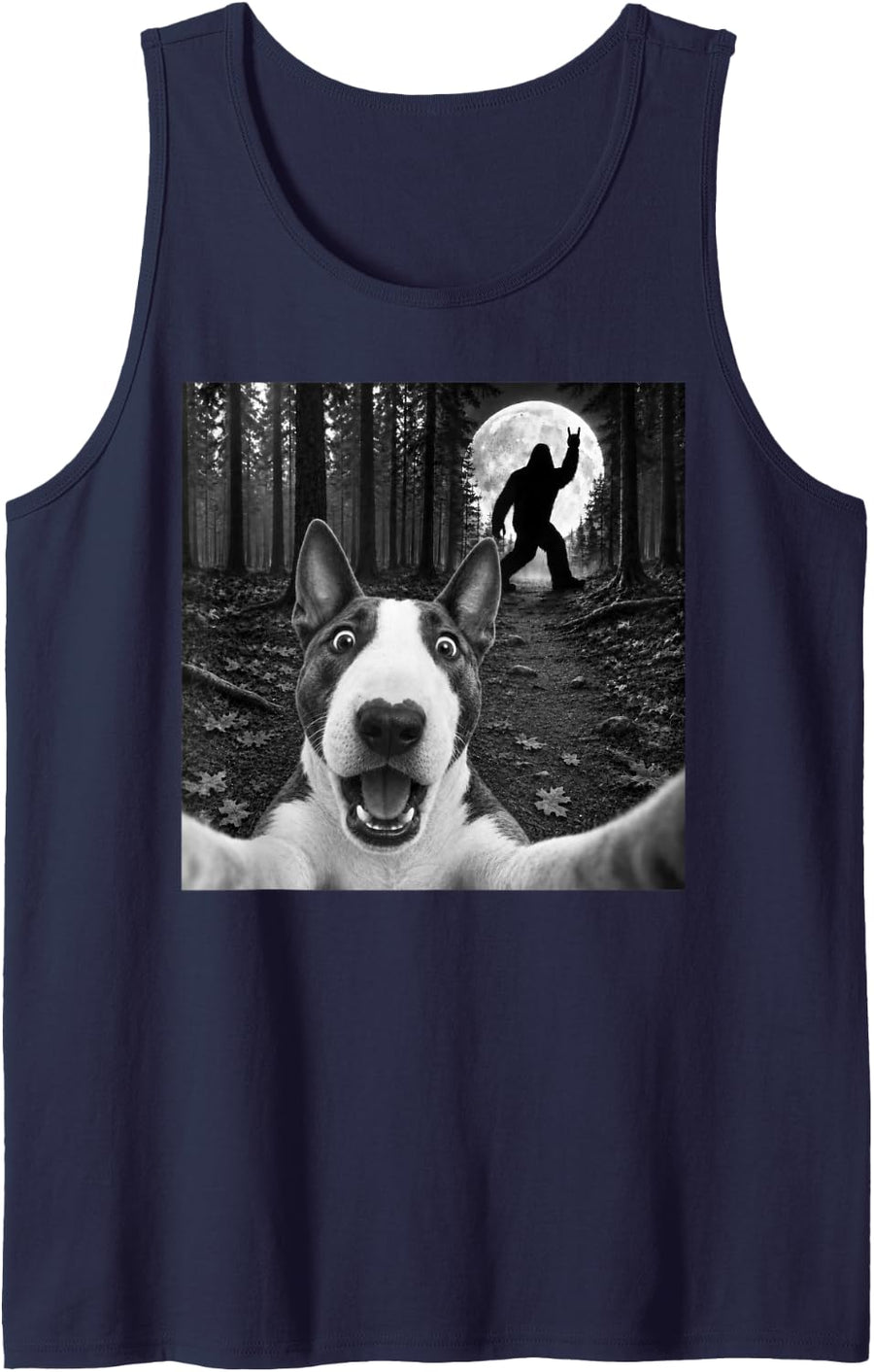 Bull Terrier Selfie with Bigfoot Rock and Roll Dog Sasquatch Sleeveless Tank Top - Navy Blue