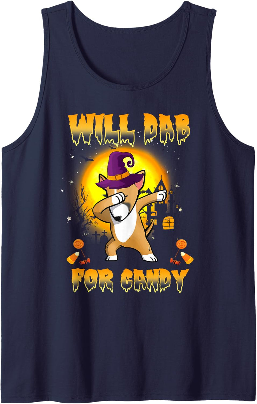 Bull Terrier Dabbing Dog Witch Will Dab for Candy Halloween Sleeveless Tank Top - Navy Blue