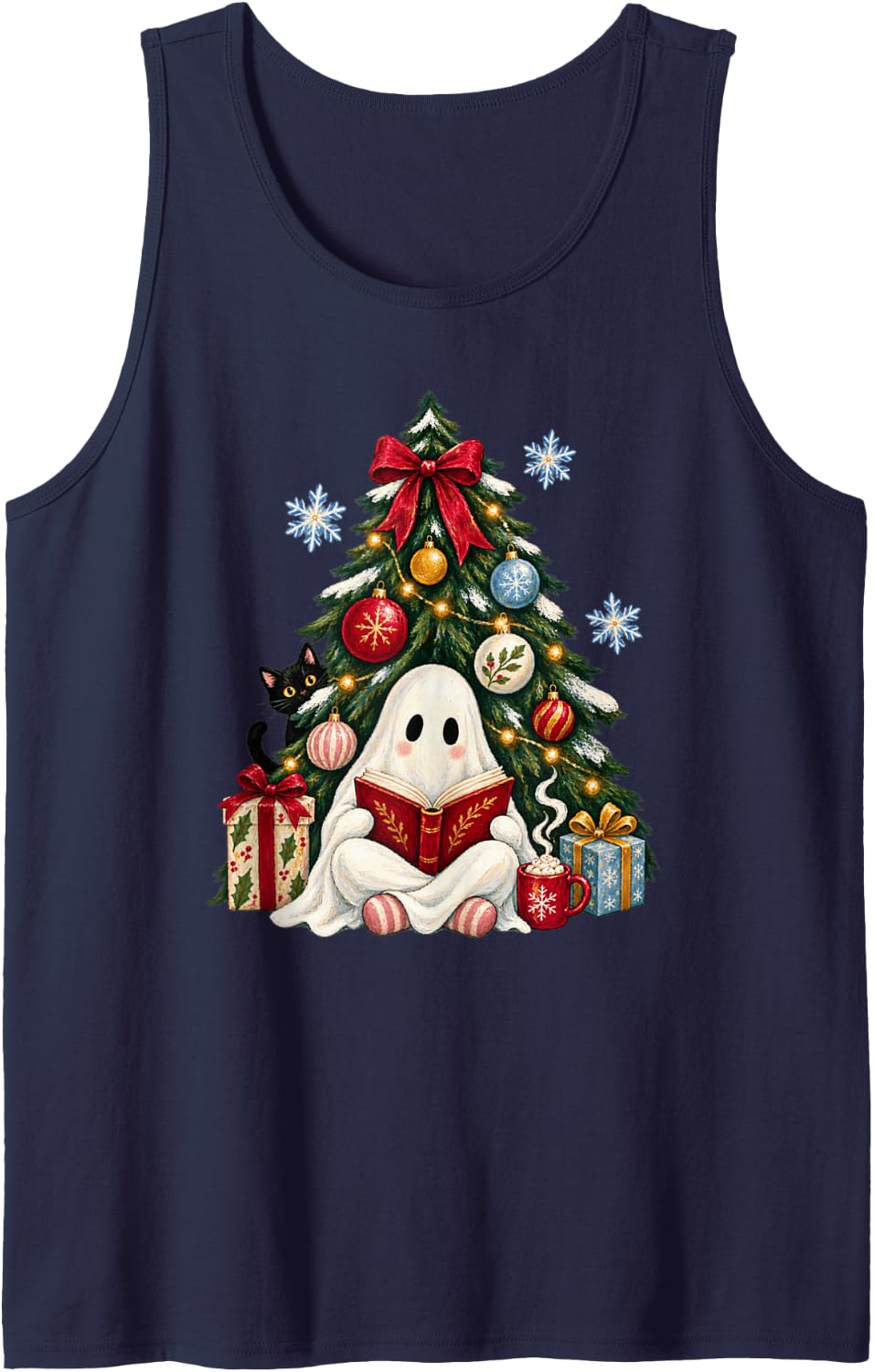 Cute Ghost Reading Book Christmas Tree Cat Spooky Season Tank Top - Navy Blue